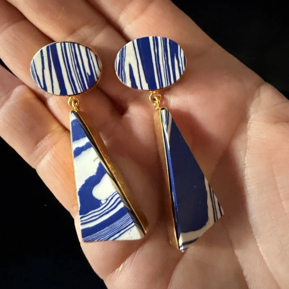 Blue and White Patterned Triangle Gold Border Dangling Statement Post Earrings - Picture 1 of 16